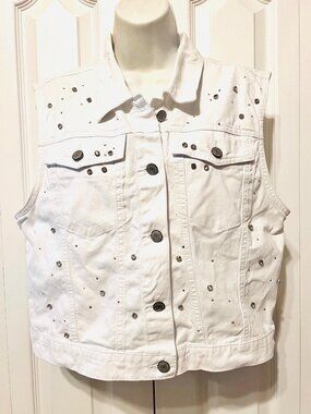 Ci Sono-Women's Large White Diamond Studded Denim/Jean Vest-Button Up